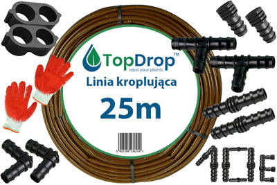 Linia kroplująca (wąż kroplujący) Top Drop 25 mb 2,1l/h 33cm + 10 akcesoriów + rękawice GRATIS