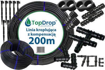 Linia kroplująca (wąż kroplujący) z kompensacją Top Drop 200mb 2L/h 33cm + 70 sztuk akcesoriów